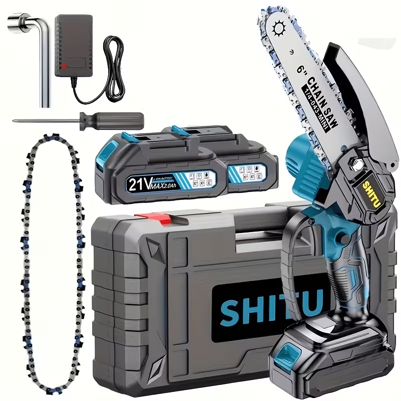 6-Inch Cordless Mini Chainsaw with 2 Rechargeable Batteries – Lightweight Handheld Wood Cutter