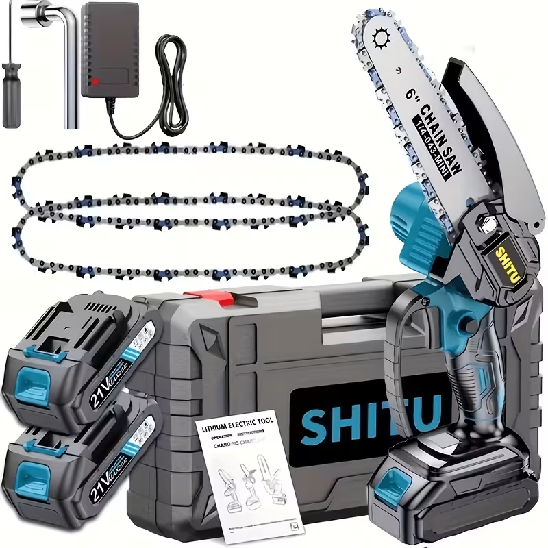 6-Inch Cordless Mini Chainsaw with 2 Rechargeable Batteries – Lightweight Handheld Wood Cutter