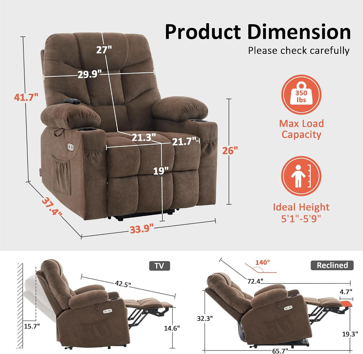 Mariolra Power Lift Recliner Chair with 140° Recline, USB-C Charging & Cup Holders
