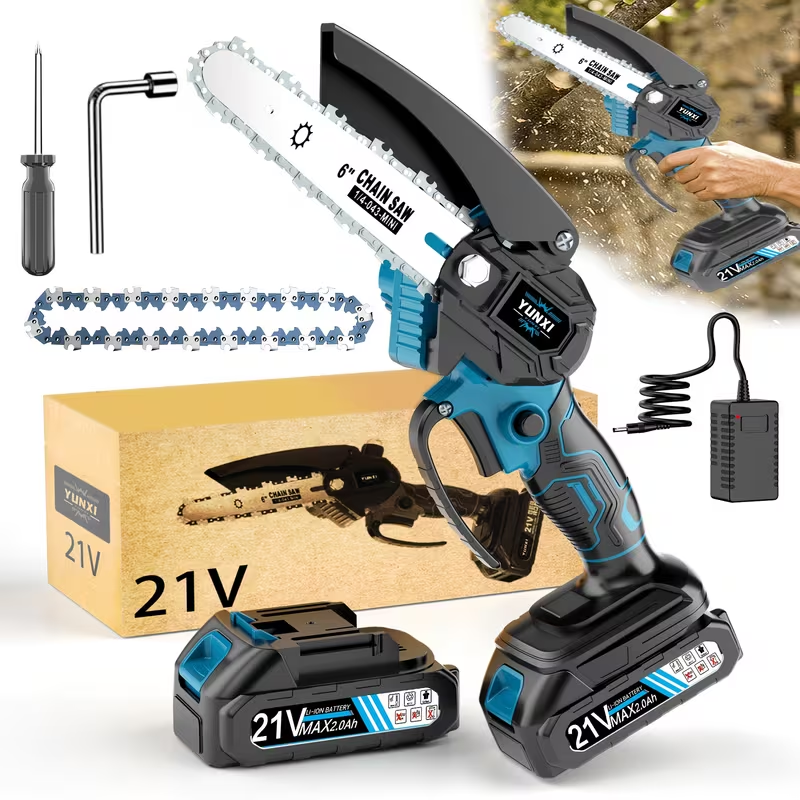 6-Inch Cordless Mini Chainsaw with 2 Rechargeable Batteries – Lightweight Handheld Wood Cutter
