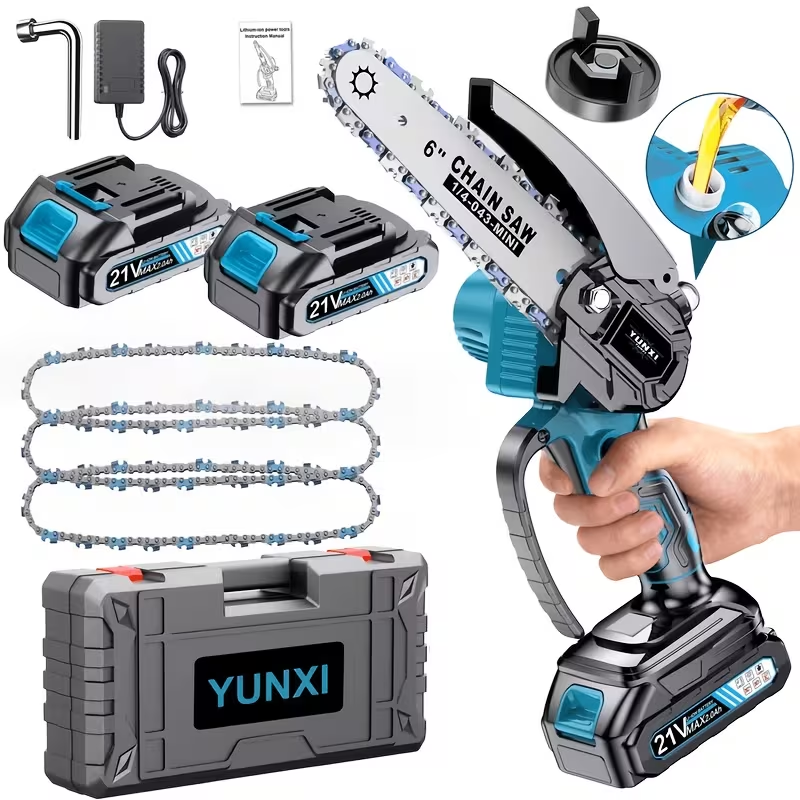 6-Inch Cordless Mini Chainsaw with 2 Rechargeable Batteries – Lightweight Handheld Wood Cutter