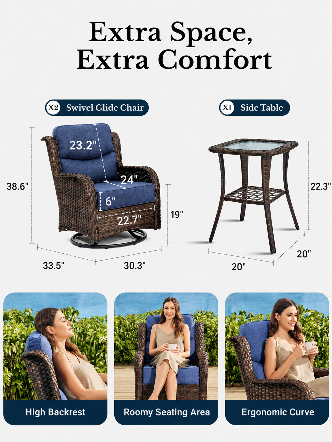Mariolra 3PCS Patio Swivel Glide Chairs