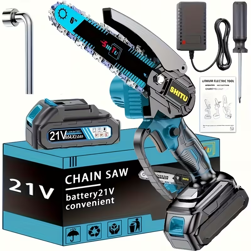 6-Inch Cordless Mini Chainsaw with 2 Rechargeable Batteries – Lightweight Handheld Wood Cutter
